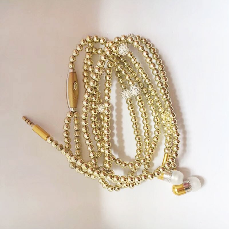 Pearl Necklace Earphone In-Ear Pink Rhinestone Necklace Jewelry Beads Earphones With Mic For Samsung Xiaomi Brithday Girls: Gold