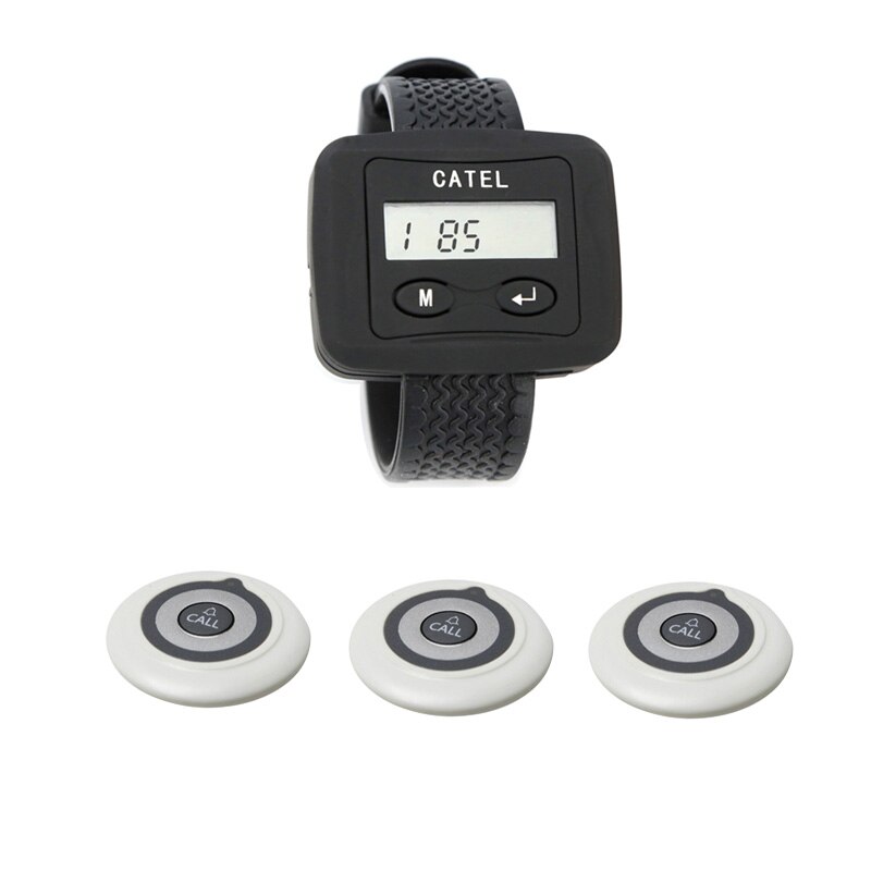 Long Distance Transmitter Wireless1 Wrist Watches Receiver Black +3 Ultrathin Call Buttons Pager White For Restaurant Cafe: white