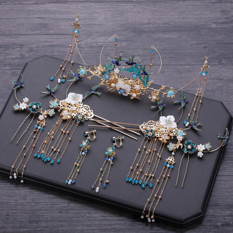 Sposa cinese accessori per capelli blu Costume copricapo Phoenix corona nappa orecchini gioielli Set gioielli per le donne: Default Title