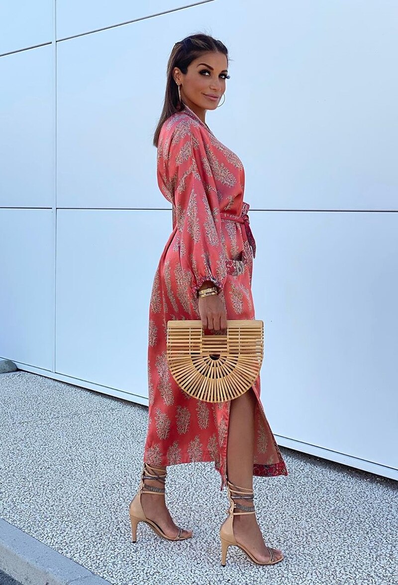 Ayualin lange ærmer kimono lange kjoler kvinder dækker vintage satin rød blomsterprint efterår vestidos boho side split robe