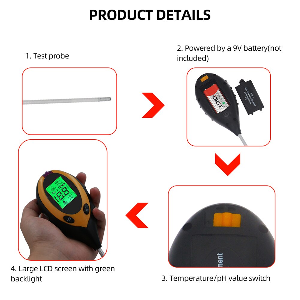4in1 Digital Soil Analyzer Multifunctional Soil Tester Sunlight Intensity PH Value Moistures Temperature Detector Meter