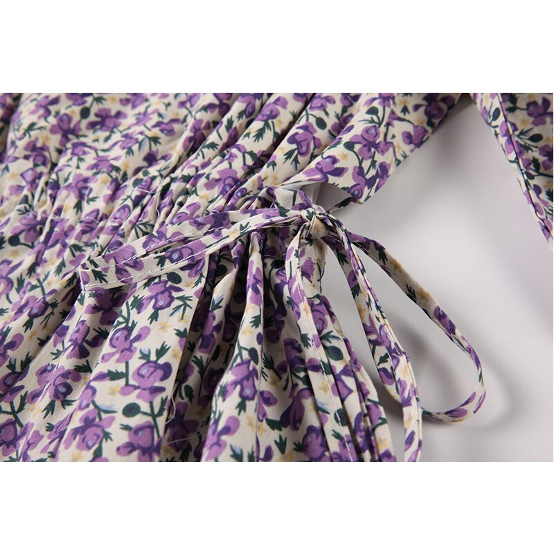 Summer Purple Floral Print Dress Women Stylish Puff Short Sleeve Dresses French Sweet Lace Up Hollow Out Frcoks