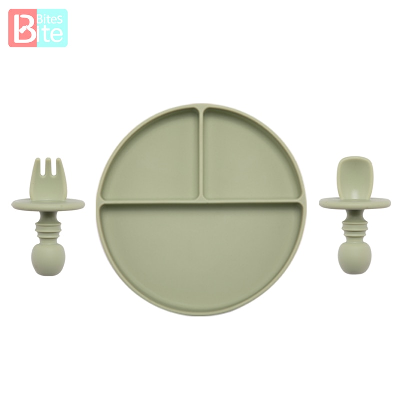 Solid Silicon Plate Set For Baby Kids Training Feeding Dinnerware Baby Learning Plate Set With Fork Spoon BPA Free