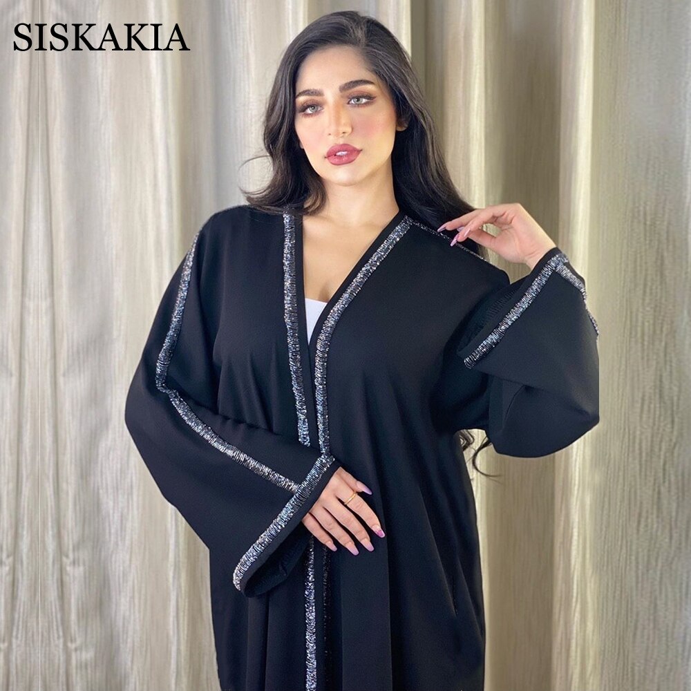 Siskakia Mode Moslim Dubai Abaya Kimomo Premium Zwarte Kralen Arabische Turkse Vest Gewaad Islamitische Kleding Vrouwen Herfst