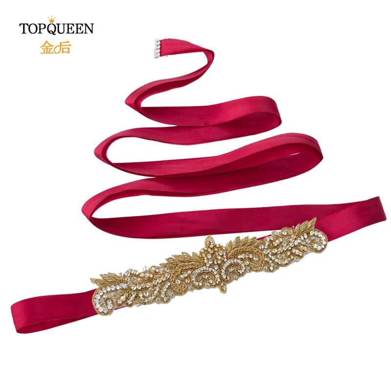 Topqueen  s375- g gull rhinestone midjebelte kvinner beaded bryllup belter india blonder brude sash belte gull belte for formell kjole: Vinrød