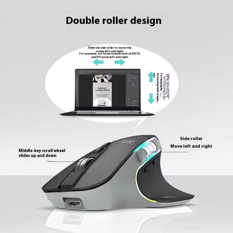 Acer Omr225 Gamer-Maus, 3-Modus, kabellose Bluetooth-Maus, Dual Scroll, ergonomische Maus, individuelle Programmierung, Gaming-Mäuse, Büromaus