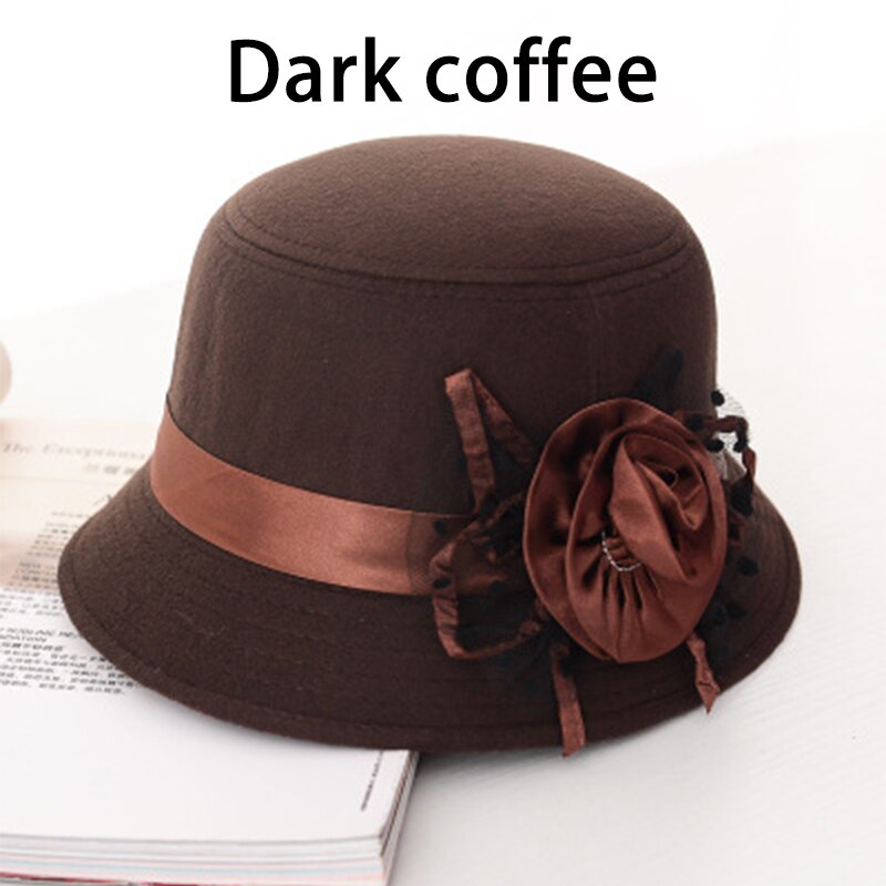 Ladies Formal Fedora Bowler Hats Vintage Women Hat Imitation Woolen Flower Autumn Winter Keep Warm Bucket Cap: Khaki