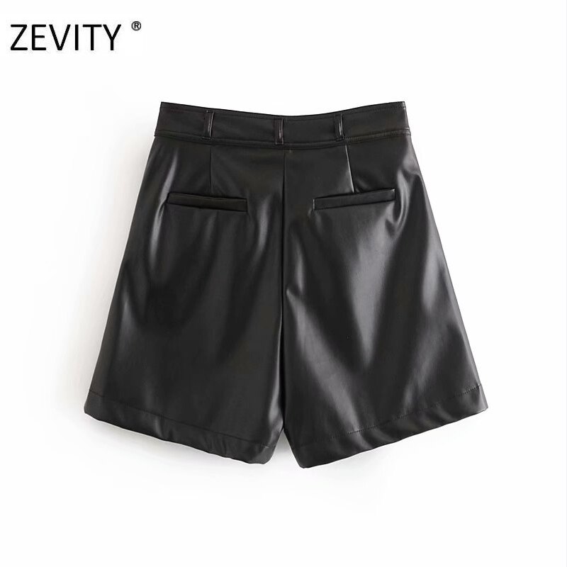 ¡Novedad! Pantalones cortos Zevity de piel sintética con botones a la para mujer, pantalones cortos ajustados informales con cremallera chic y bolsillos para mujer, pantalones cortos P923