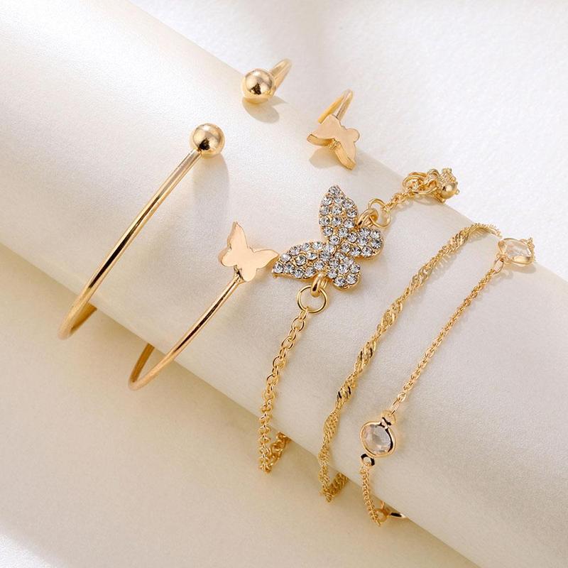 Butterfly Bracelets Female Accessories 5pcs/set Bohemian Elegance Sweet Rhinestone Gold Open Bracelets
