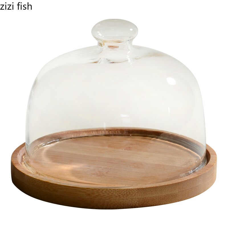 Round Wooden Cake Plate Glass Cover Dessert Pastry Display Tray Household Fruit Bread Plate Cake Decoration Accessories