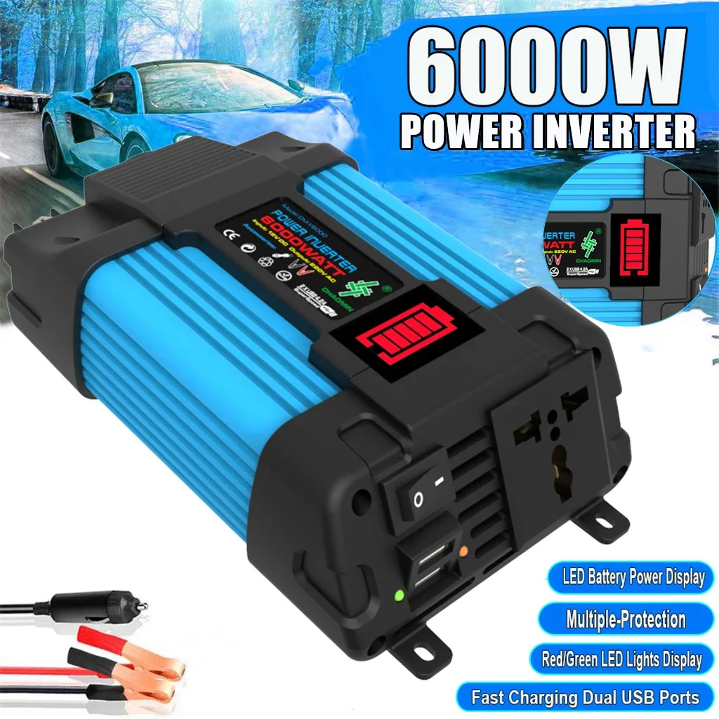 Onduleur 6000W/4000W DC 12V à AC 110V 220V, convertisseur de tension adapté aux tablettes mobiles du matin, panneaux solaires, mini alimentation de voiture