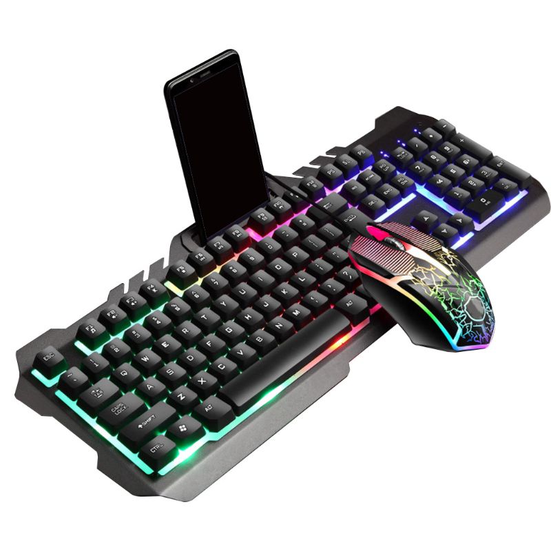 Trådbunden gaming tangentbord mus combo set färgglad led bakgrundsbelyst stationär dator gaming tangentbord upplyst bärbar dator mus: Bk