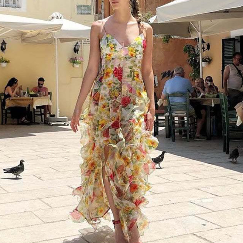 Spring Summer Floral Print Slim Chiffon Dress Female V Neck Ruffle Long Dress Sleeveless Party Dresses Vestidos: S / Blue
