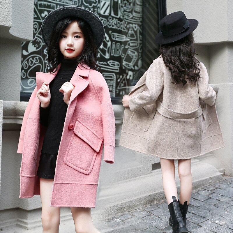 Girls Wool Winter Coats Double breasted Children's Trench Jackets Thick Warm Velvet Girl Coats Outwear Kids Clothing