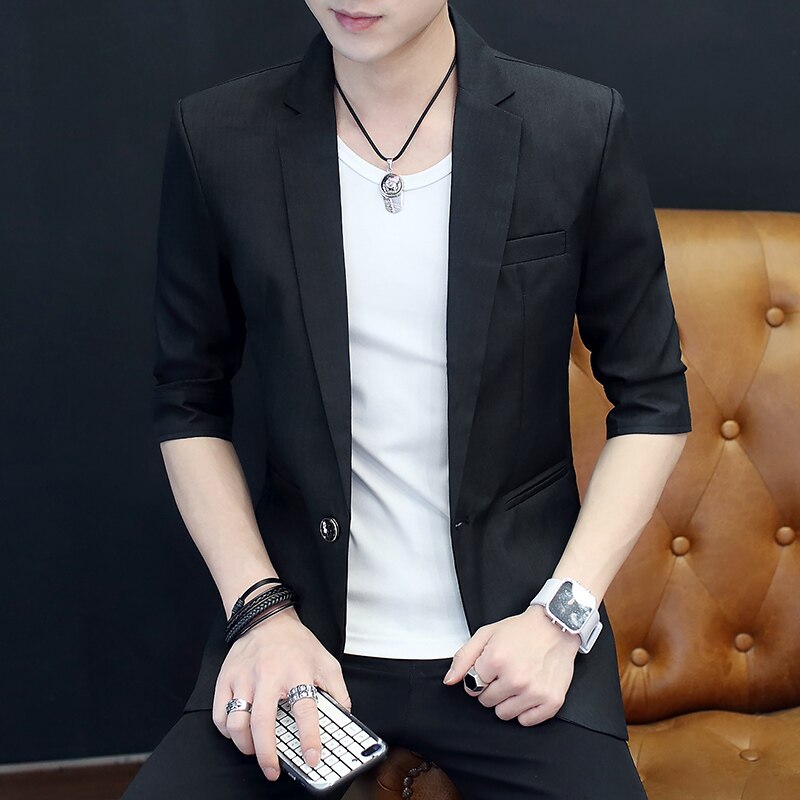 Summer Men Blazer Casual Solid Half Sleeve Slim One-Button Blazer Mens Slim Fit Suit Jacket Black Dress