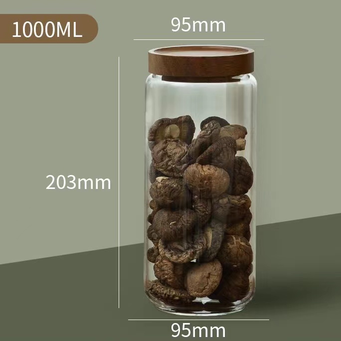 Wood Lid Glass Airtight Canister Food Container Tea Coffee Beans Kitchen Storage Bottles Jar Sealed Grounds Candy Jars Organizer: 1000ML