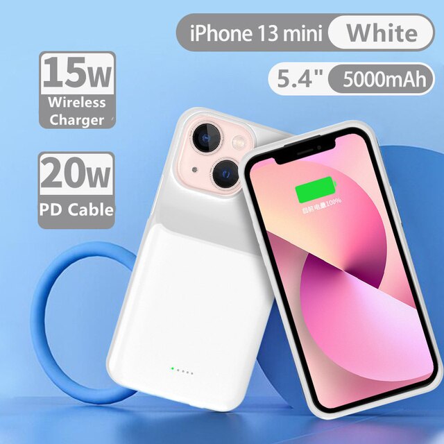 Power Bank Charging Cover For iPhone 13 Mini 13 Pro Max Battery Case Qi Wireless Fast Battery Charger Cases For iPhone 13 Pro: White For 13 Mini