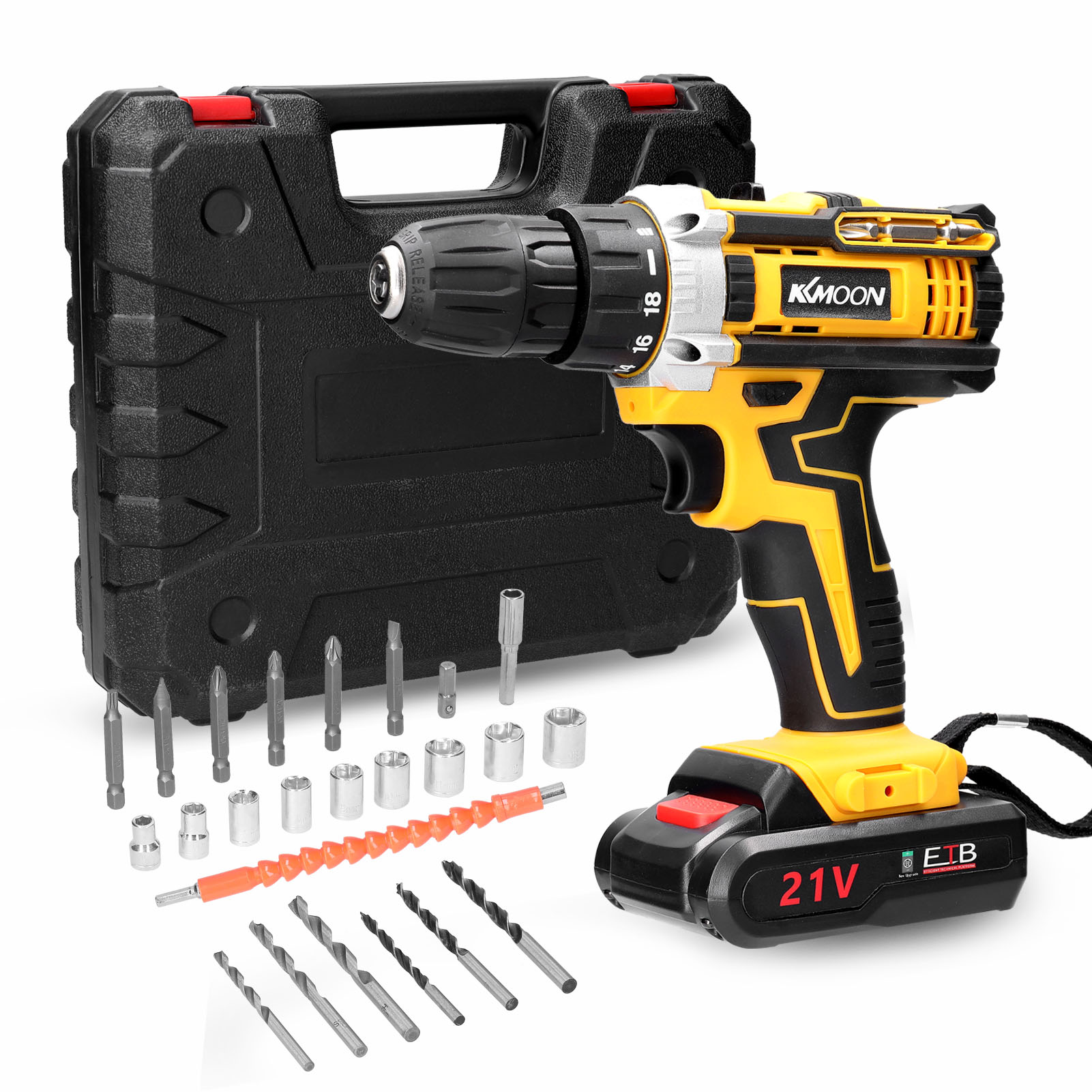 21V Cordless Electric Drill Brush Motor 2 Speeds Adjustment 18 Gears of Torque Adjustable Holes Drilling Machine