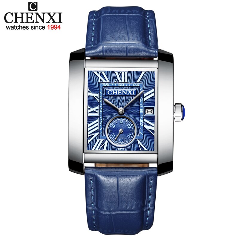Chenxi firkantet ur herreure analoge kvarts armbåndsure herre læder vandtæt dato kronograf montre homme: Blå