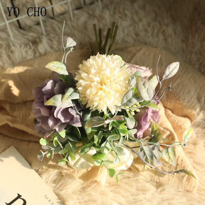YO CHO-pompón de peonía de seda Artificial, Hortensia, flor, ramo de novia, boda, dama de honor, hermana, Mini ramo, suministros de boda para niña: Morado