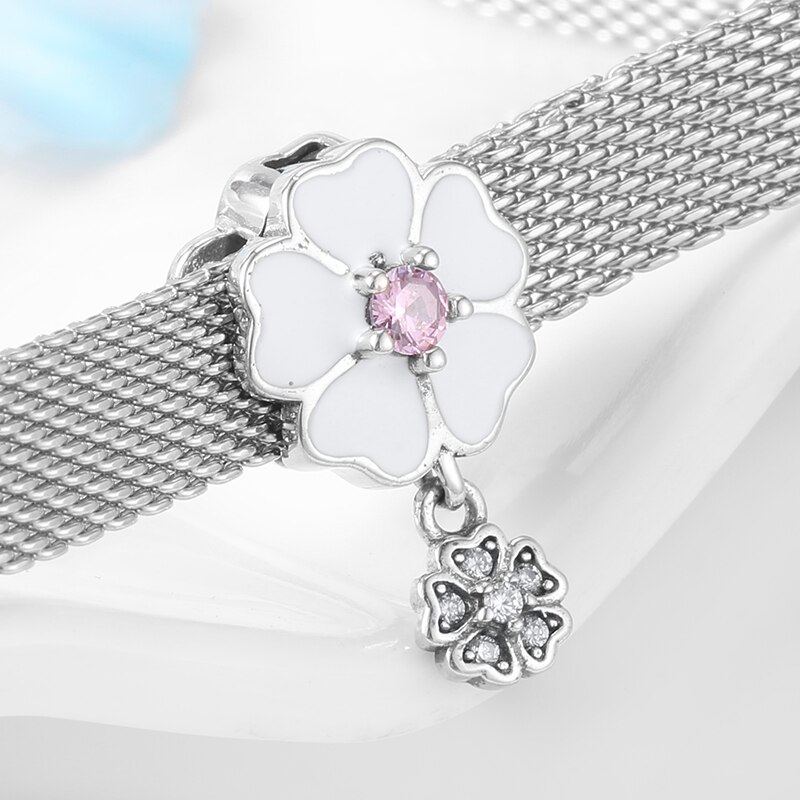 Fairy tale Beautiful White dahlia and pink Enamel 925 Sterling Silver Beads Clips Fit Original Reflection Bracelet Fine Jewelry