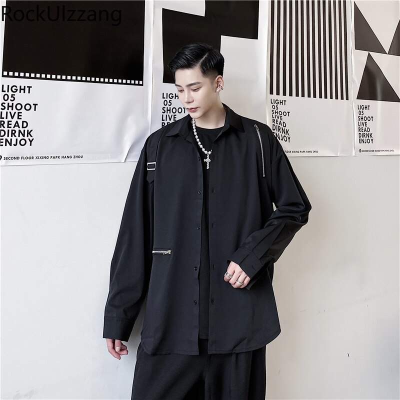 Plus størrelse langermet høstantrekk søm glidelås ringe bånd fast punk streetwear skjorte mørk bluse hofte hopp harajuku menn goth