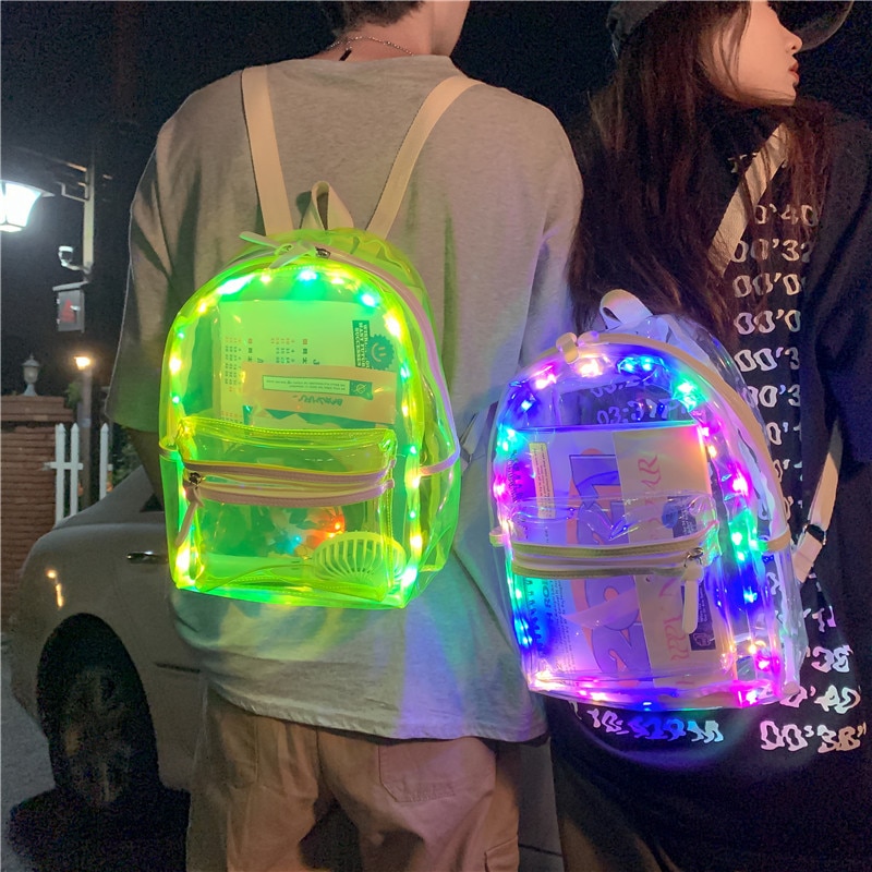 Pvc Waterproof Transparent School Bag With Light Backpacks Large Capacity Backpack Solid Clear Backpack