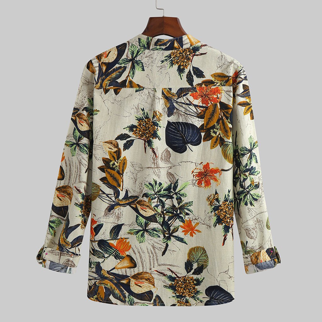 Sommer herre stand krave print afslappede bluser printet langærmet strand top løse vintage skjorte bluser camisa masculina