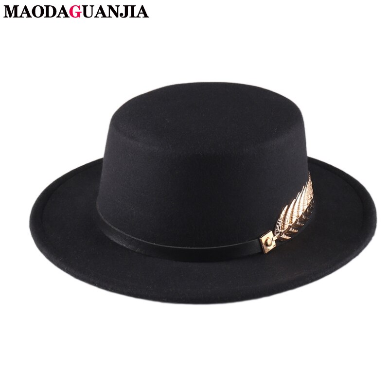 Retro Vilten Hoeden Zwart Voor Vrouwen Met Brede Rand Riem Kerk Mannen Jazz Godfather Fedora Hoed Versierd Dames Schipper hoed Platte