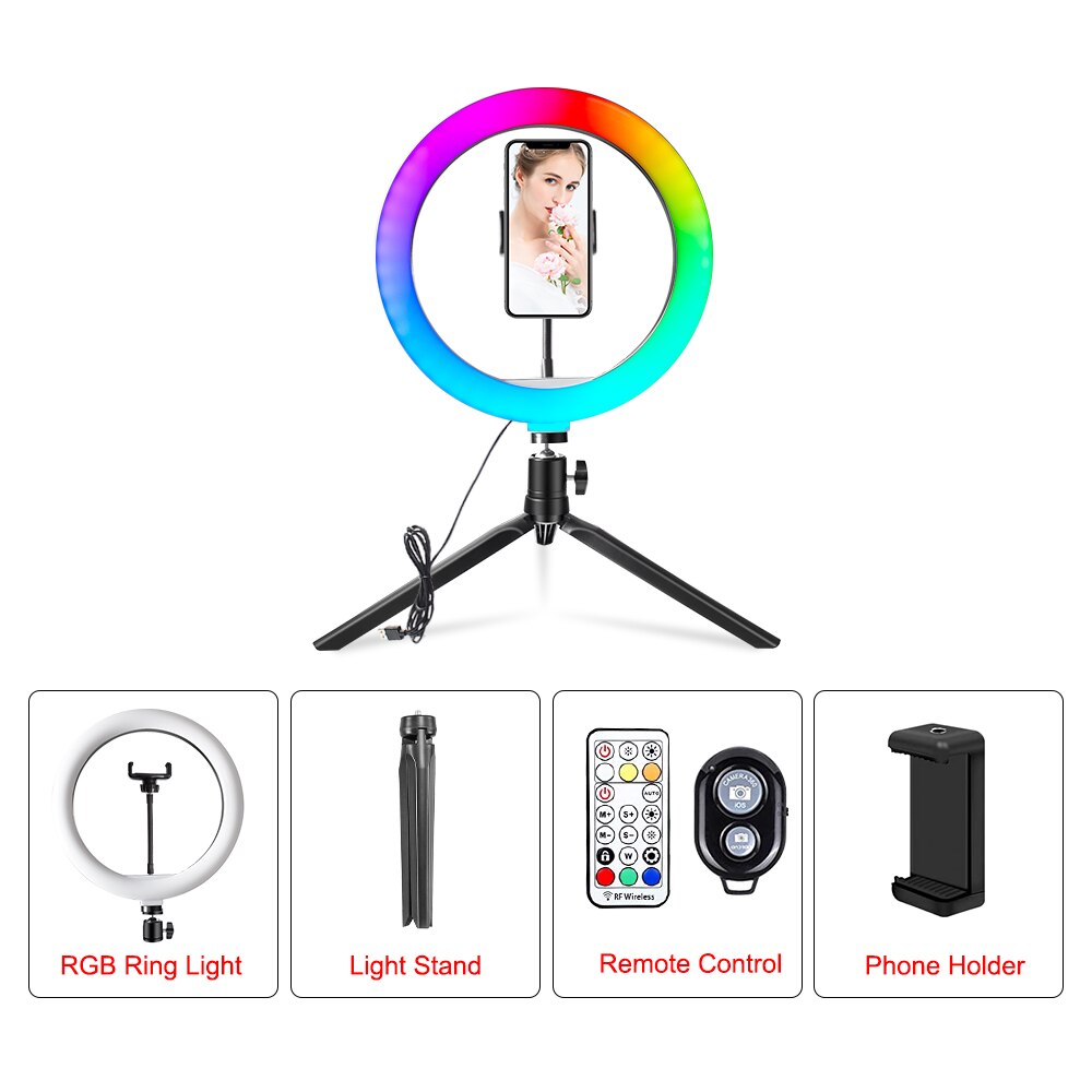 10 "26Cm Rgb Selfie Ring Lamp 26 Rgb Kleuren Licht Voor Mobiele Make Ring Licht Led Ring Licht met Stand Als Tafel Vloerlamp: RGB26A