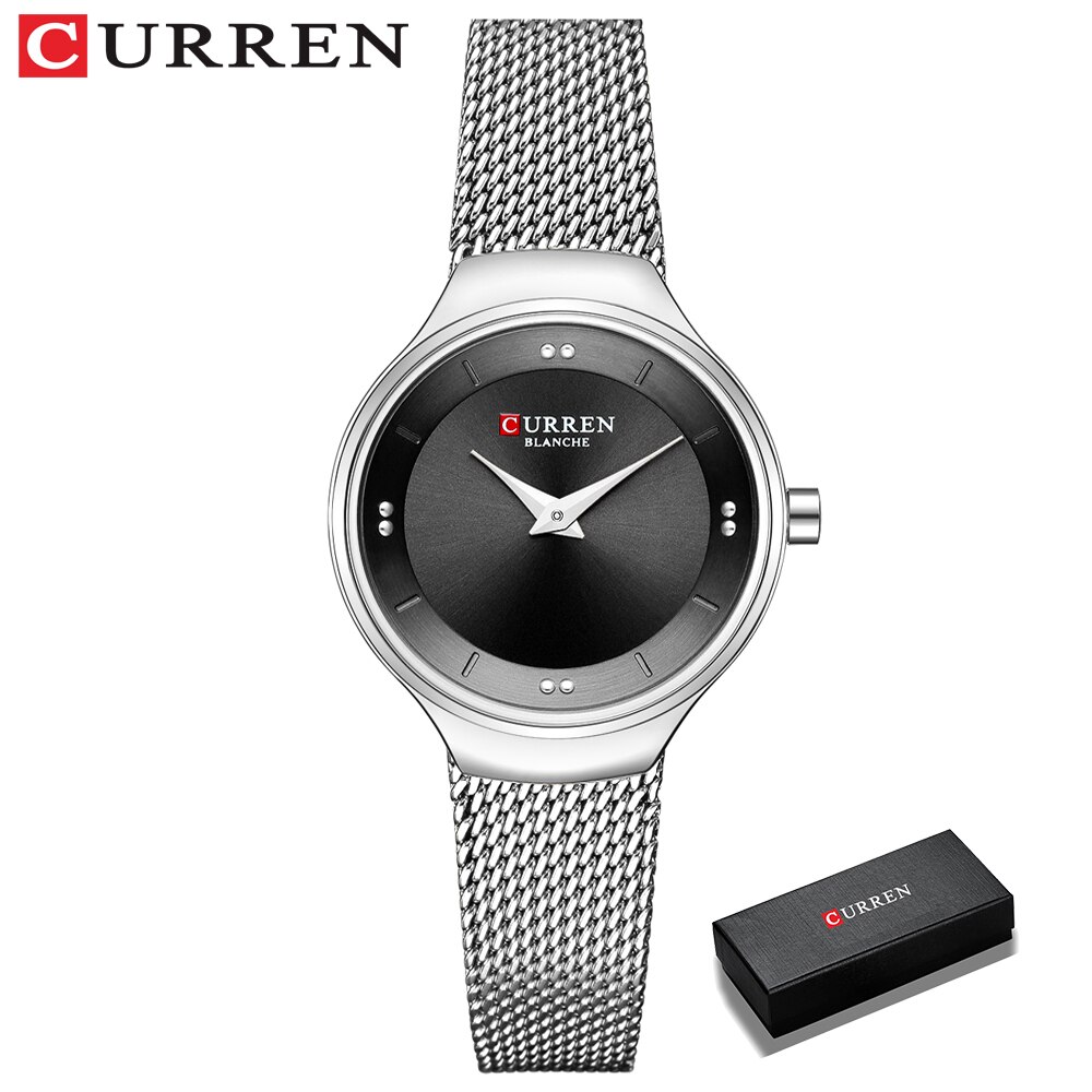 Elegante Vrouwen Horloges Curren Quartz Roestvrij Staal Mesh Horloge Vrouwelijke Eenvoudige Horloge Voor Dames Klok Reloj Mujer: silver black box