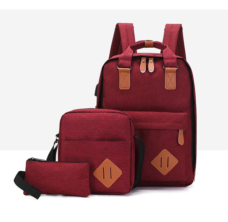 Männer Rucksack Tasche reise Rucksack Laptop Rucksack Computer Taschen Hohe Schule Schüler Hochschule Studenten USB Ladung 3 Stück: Wein rot