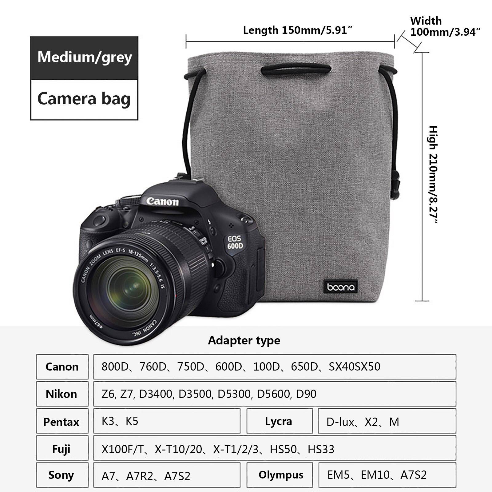 Sacoche de protection pour objectif d&#39;appareil photo, étui en Lycra pour appareils photo DSLR, Nikon, Canon, Sony, Olympus, Fuji: Camera Bag grey-M