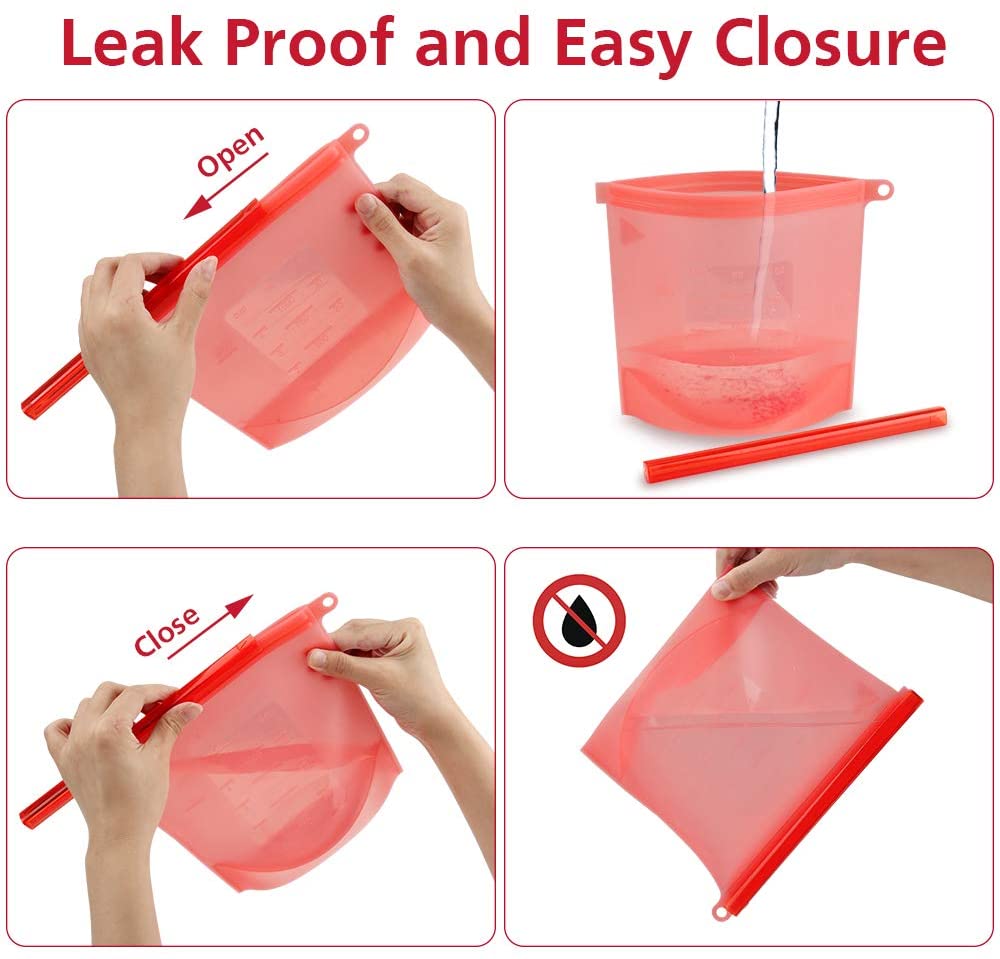 Reusable Food Storage Bags BPA Free 4-Pack Zip lock Silicone Food Bag Set Freezer & Microwave Safe Washable Zip Lunch Baggies