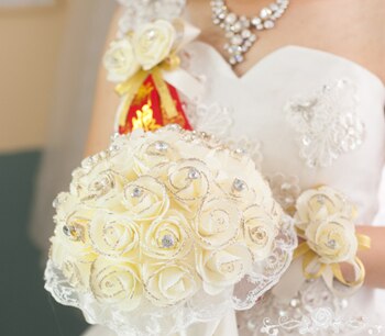 Mooie Paars Bruidsboeket Handgemaakte Bridal Bloem Bruidsboeketten Kunstmatige Parels Bloem Roos Boeket roze paars wit: Beige
