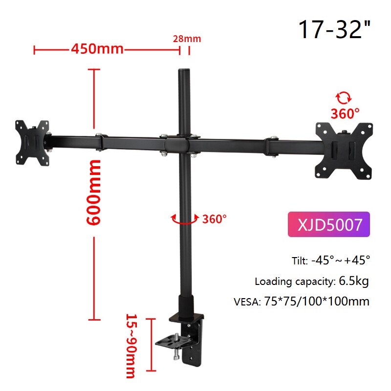 Escritorio de movimiento completo de 360 grados soporte de Monitor doble soporte 14 "-32" LCD LED perforación brazo para montaje de Monitor de carga 7kg: XJD5007