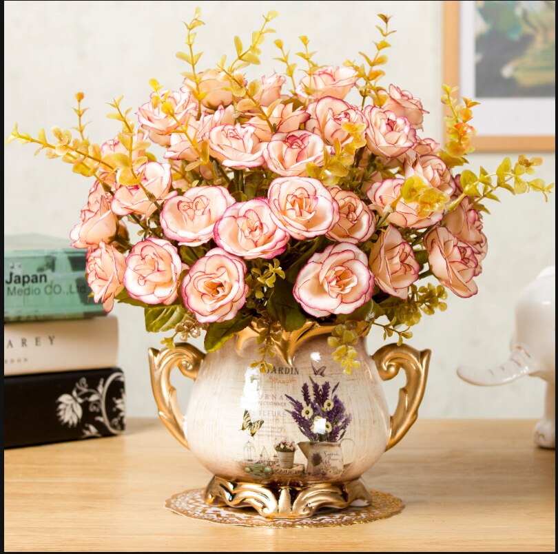 1set European artificial flower+vase living room home table wedding decor potted bonsai ornament silk flores +Ceramic vase