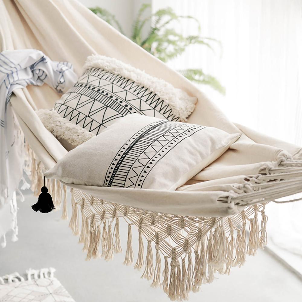Stor 2 person hängmatta boho stil brasiliansk makrame fransad deluxe dubbel hängmatta nät gungstol inomhus hängande gunga