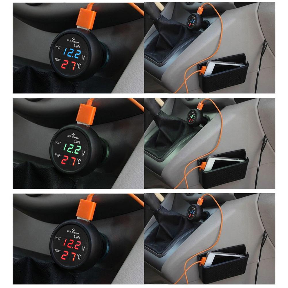 Universal led bil voltmeter termometer dobbelt digital panel spændingsmåler tester bil led spænding display bil usb opladning 3 in1