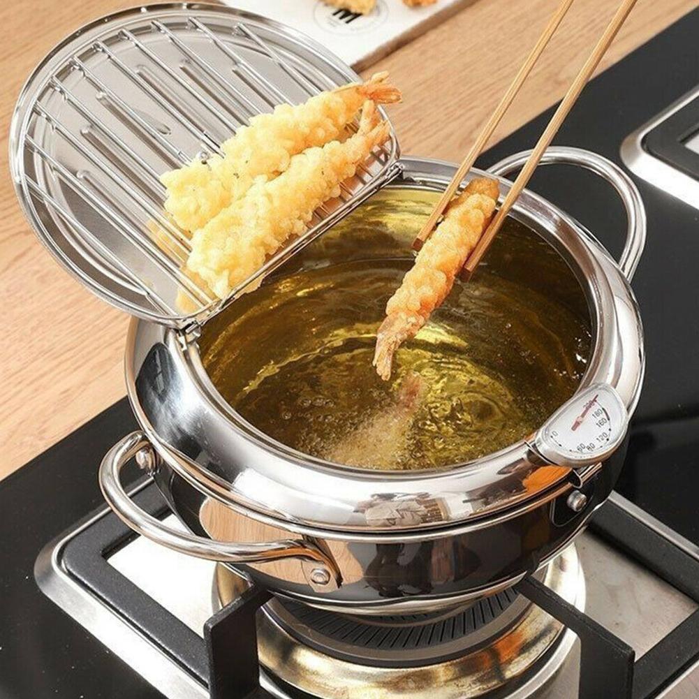 Japanese Deep Fryer With Thermometer And Lid 304 Steel Fryer Pan Fryer Frying Kitchen Oil Tempura Without Pan Fryer X2B9