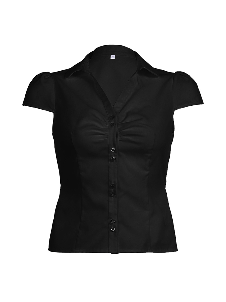 Effen Shirring Button Up Turn Down Kraag Korte Mouw Witte Shirts Dames Eenvoudige Casual Zomerkleding: S / Black
