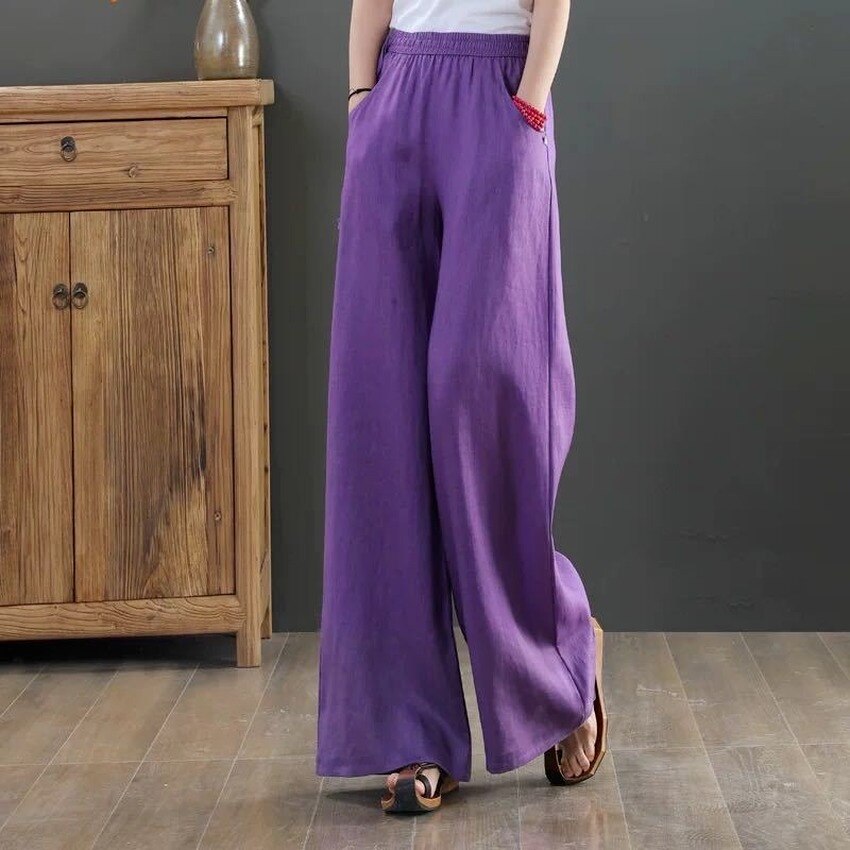 Pantaloni larghi in vita elastica in lino pantaloni Casual da donna in tinta unita allentati letterari 2022 pantaloni estivi Kung Fu di nuovo stile