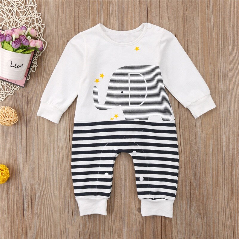 CANIS Herfst Casual Een Stuk Bebe Kid Jongens Kids Baby Meisjes Jongen Olifant Gestreepte Romper Jumpsuit Outfits Kleding: 18m