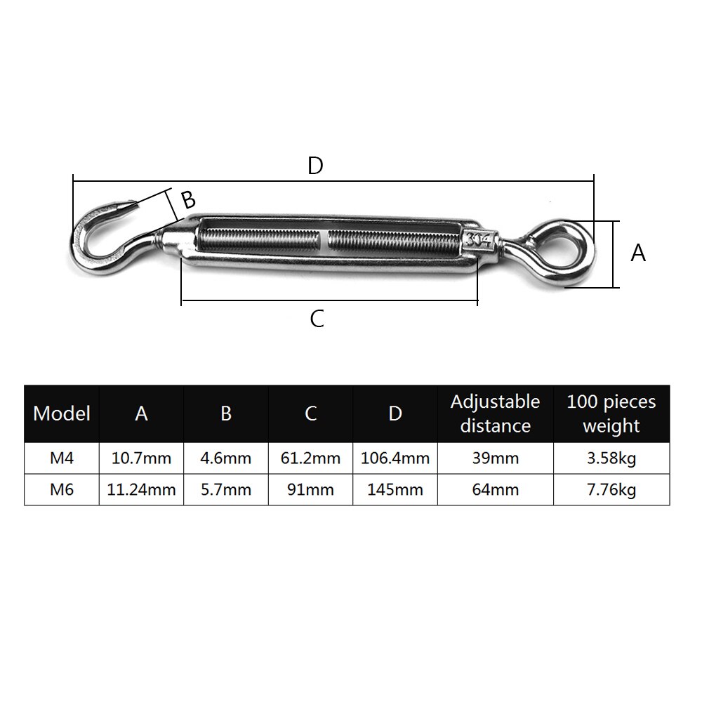 5PCs Stainless Steel Turnbuckle Adjustment Hook Eye Screw Wire Rope Tensioning Tightener Tight Cable Screw Connector