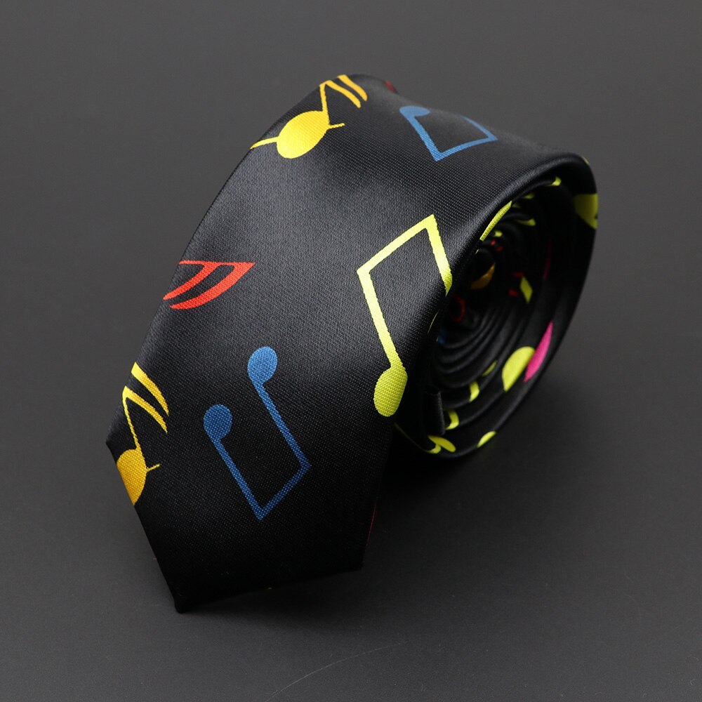 Corbata musical clásica de para hombre, Festival de vacaciones, estampado de Piano, guitarra, cara sonriente, poliéster, 5cm de ancho, corbata negra con