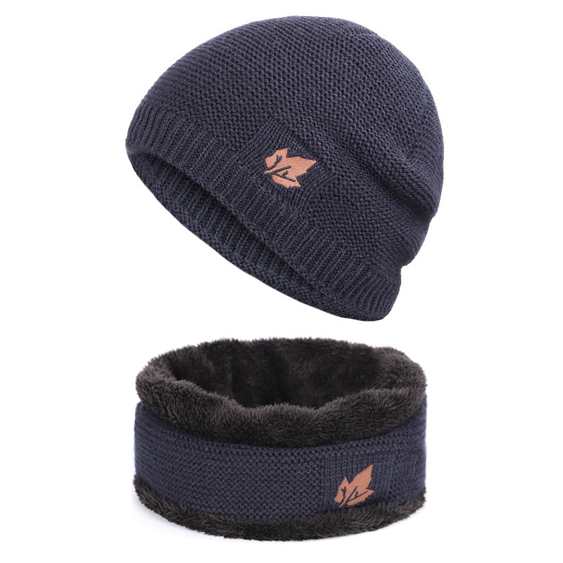 Vinter hue-hatte tørklædesæt varm strik foret hals fleece varmere vinterhue & tørklæde sæt: Mørkeblå