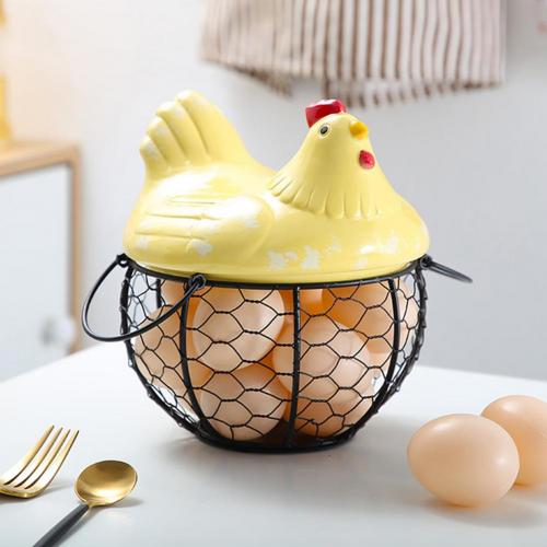 Ceramic Iron Egg Storage Basket Snack Fruit Basket Collection Ceramic Hen Ornaments Decor Kitchen Accessories: Yellow