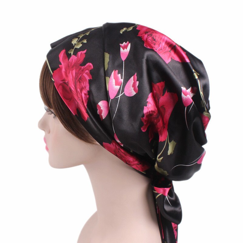 Turbante musulmán de flores de satén suave para mujer, pañuelo para la cabeza, listo para usar hijab, con lazo estampado,: 4