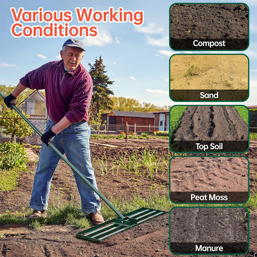 Rastrillo nivelador de césped de 75cm, herramienta de jardín con mango Extra largo para preparación de superficies de césped, acero inoxidable