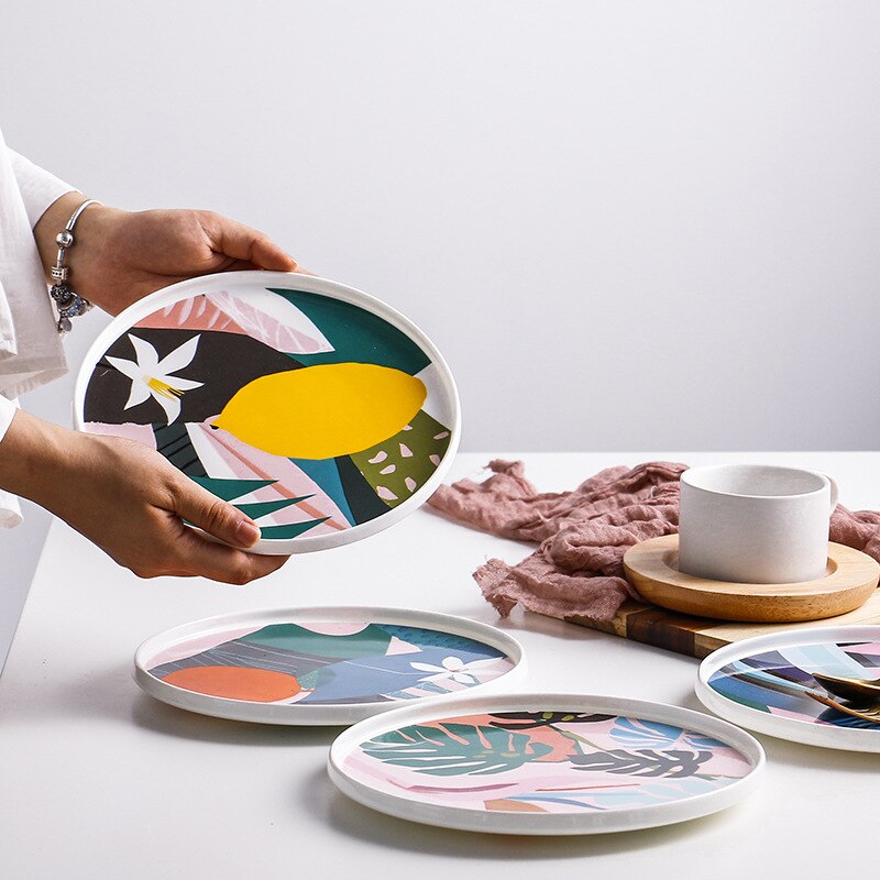 Assiette à dîner en céramique en porcelaine, peinture artistique abstraite, plats à dîner, pâtes, steak, dessert, ustensiles de cuisine exquis LB52007